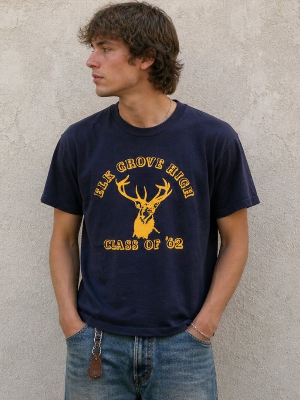 Vintage 60s Elk Grove High Deer Graphic Tee Single Stitch Navy Shirt USA Small